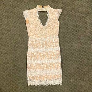Bebe White Lace and Nude Bodycon Dress